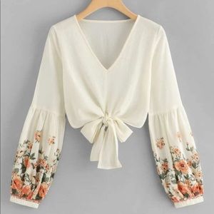 Tie front floral bell sleeve top